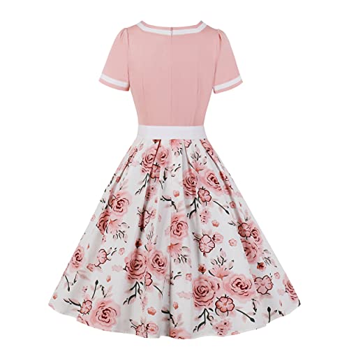 Women's Vintage 1950'S Floral Spring Garden Rockabilly Swing Prom Party Cocktail Dress Short Sleeve V Neck 50S Dresses For Women Retro Dresses For Women Vintage C#Pink L #TOP1