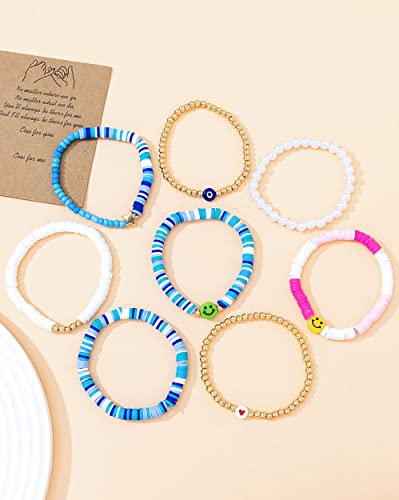 Palotay 8Pcs Preppy Heishi Bracelets Colorful Smiley Face Evil Eye Beaded Stackable Bracelets Set Surfer Clay Bead Pearl Stretch Bracelets Y2K Summer Beach Jewelry For Women Girls Red #TOP5