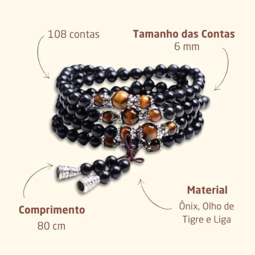 Japamala Unissex em Ônix e Olho de Tigre Proteção e Purificação - Power Protection + Bolsa de Veludo