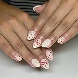 Xanthelle Press on Nails, press on nails kurz & fingernägel zum aufkleben, Polka Dot Fake Nails, glänzende Acryl-Nägel mit rotem Schleifen-Design, 24 Stück
