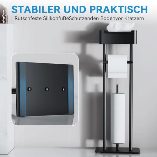 FUNPALA Toilettenpapierhalter Stehend – Edelstahl Klopapierhalter Stehend mit Feuchttücherbox, Stabiler Toilettenpapier Ständer,Klopapierständer Freistehender Für 4 Rollen (Schwarz Matt)