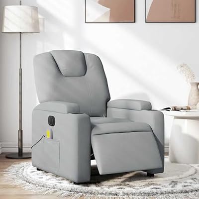 HBFDSFG Electric Massage Recliner Chair with Power Recline, Light Gray Fabric, 6 Vibration Points, Cup Holders, Side Pocket, and Wood-Metal Frame