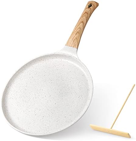 Zalnuuk Crepe Pan, 11 Inch Dosa Pan with Spreader, Nonstick Dosa Tawa for All Stove, Tortilla Pan with Detachable Handle, Cream White