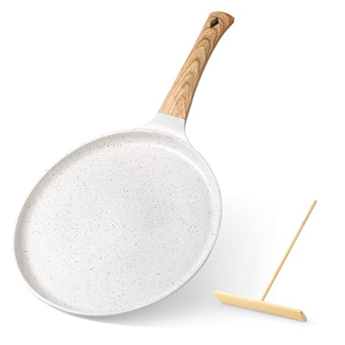 Zalnuuk Crepe Pan, 11 Inch Dosa Pan With Spreader, Nonstick Dosa Tawa For All Stove, Tortilla Pan With Detachable Handle, Cream White #TOP1