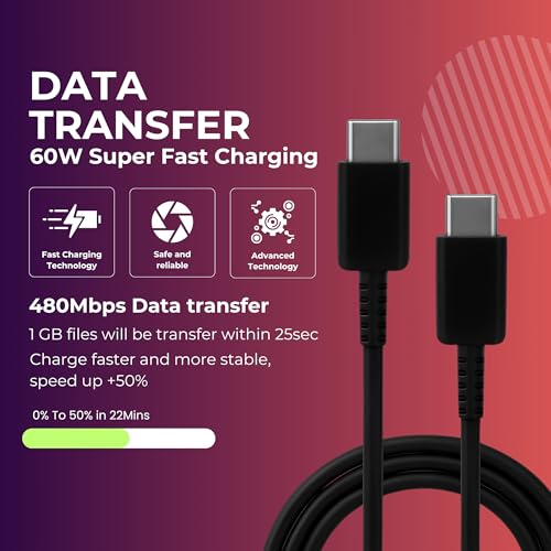 Image of 65W USB C to C Fast Charging Cable - Compatible with Samsung Galaxy S23 S22 S21 21 FE S20 A34 M14 M34 M54 M53 - Type-C Original Rapid Charging (Black)