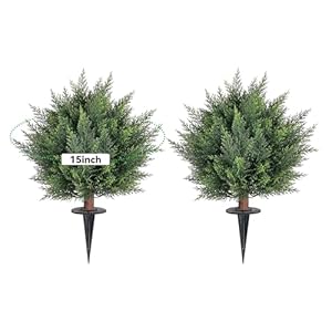 23 inch Artificial Cypress Topiary Outdoor Plants with Spike, 2 Pack Faux Cedar Bushes UV Resistant Fake Shrubs for Front Porch Décor