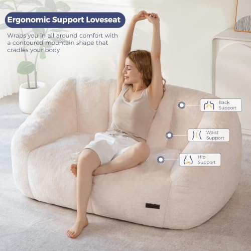Image of MAXYOYO Bean Bag Chair, Comfy Bean Bag Sofa with Back Support, Loveseat Faux Fur Bean Bag Chair for Adults, Stuffed Floor Sofa for Living Room, Bedroom, Apartment, Beige