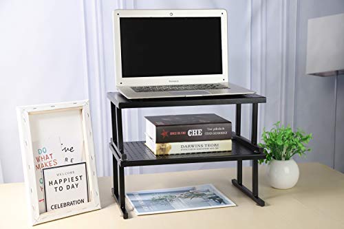 2 Pack Monitor Stand Riser with Anti-Slip Suction Cup, Vented Metal Desktop Organizer Stand for Laptop, Computer, PC, Printer, Black