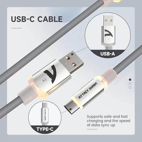 Image of ATTACK SHARK C01 Ultra Coiled USB C Cable Double Sleeved with RGB Light Plug,Detachable Metal Aviator,Type-C to USB-A Mechanical Gaming Keyboard Cable for Win Mac PS4 Xbox Switch Printer Tablet(Gray)