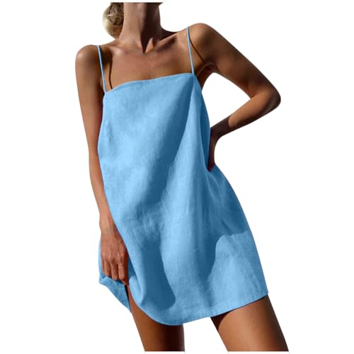 Image of Spaghetti Strap Dresses for Women UK Summer Casual Square Neck Cami Dress Petite Ladies Cotton Linen Sleeveless Camisole Dress Holidays Beach Mini Short Sundress My Orders Sky Blue