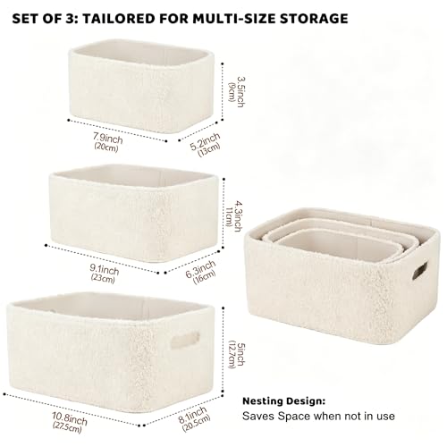 TeenyLandy Boucle Nursery Storage Baskets Set of 3, Decorative Nesting Fabric Bins for Shelves, Changing Tables, Dressers and Closets, Baby Toys, Diapers, Clothes, Books, Blankets, Beige — view 2