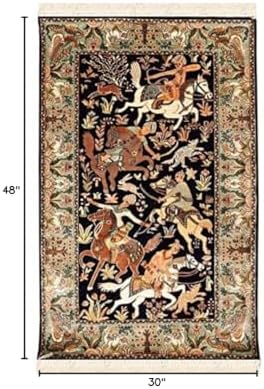 Kashmir Designs 2.5'x4' Navy Pure Silk Rug Hunting Scene Rugs Wall Art Wallhanging Hand Knotted