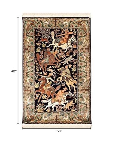 Kashmir Designs 2.5'x4' Navy Pure Silk Rug Hunting Scene Rugs Wall Art Wallhanging Hand Knotted