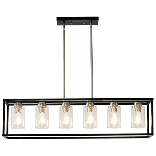 XILICON Dining Rooms Brushed Nickel Chandeliers, Brushed Nickel & Black Kitchen Island Farmhouse Lighting Fixture Industrial Rustic Ceiling Hanging 6 Light Modern Pendant Light with Glass Shade