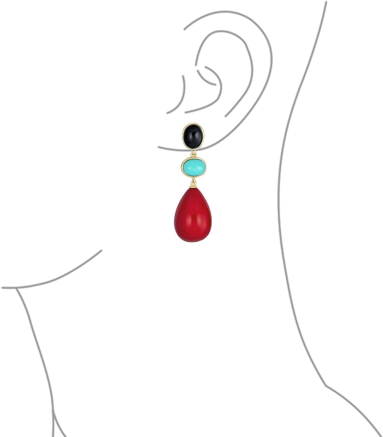 Unique Geometric Multi Shape Oval & 3 Multi-Tier Dangling Natural Gemstone Tri-Color Blue Black Red Turquoise Teardrop Ball Party Earrings for Women in 14K Yellow Gold Plated