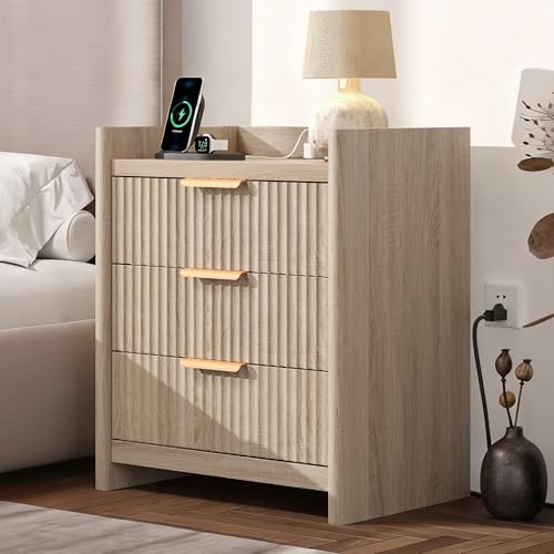 25.9" Fluted Nightstand with Charging Station, Large Bedside Table with 3 Storage Drawers and Metal Handle, Modern End Table for Bedroom, Home Office(Natural Oak) by Decofy - Image 7