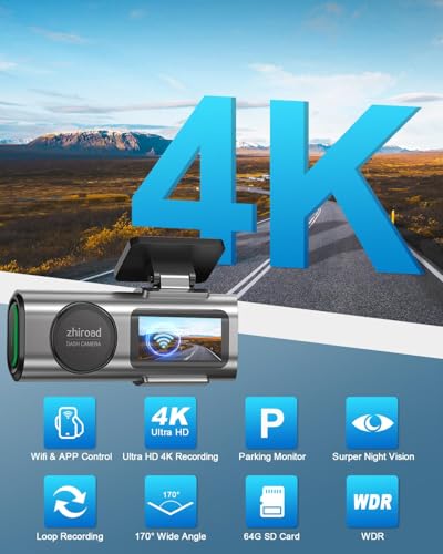 4K WiFi Dashcam Auto Vorne,App-Steuerung Auto Dashcam mit 64G SD-Karte und Abnehmbare Halterung,1.47" IPS Bildschirm,170°Superweitwinkel,Nachtsicht,WDR,G-Sensor,Loop-Aufnahm,24H Parküberwachung 2