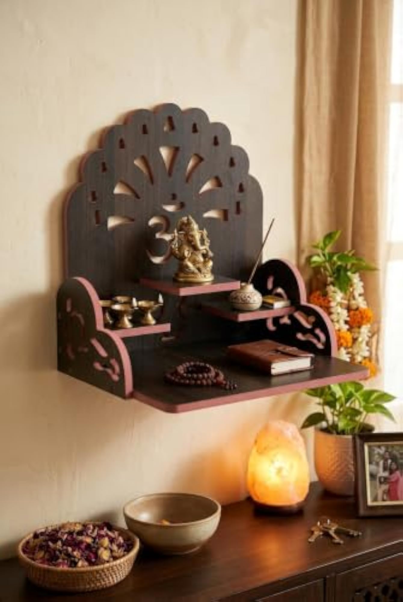 Premium Dark Walnut Wall Mounted Pooja Mandir