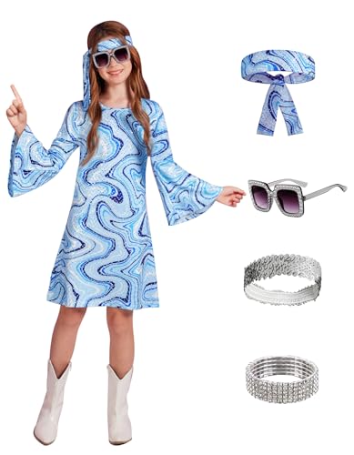 BesserBay Girl Halloween Bell Sleeve 5 Pcs 70s Disco Sequins Dress Go Go Dance Hippie Outfit Light Blue 10 Years