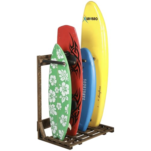 MyGift Surfboard Rack, 4-Ft Tall Rustic Burnt Wood Freestanding Vertical