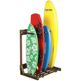 MyGift 4 Ft Rustic Wood Surfboard Rack, Freestanding 4 Board Storage Stand