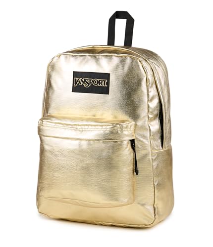 Image of JanSport Superbreak Plus FX Backpack - Work, Travel, or Laptop Bag with Water Bottle Pocket - Surreal Shine Gold