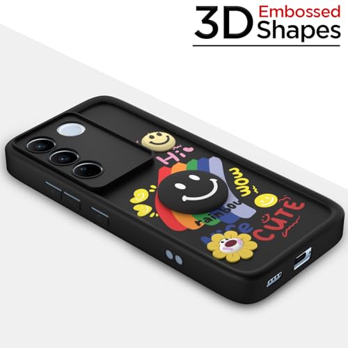 Image of Pikkme Back Cover for Vivo V27 5G / V27 Pro 5G | Soft Silicone| Cute Rainbow Smile & 3D Cartoon Flower Design | Shockproof Raised Camera Protection Bumper Case (Black)