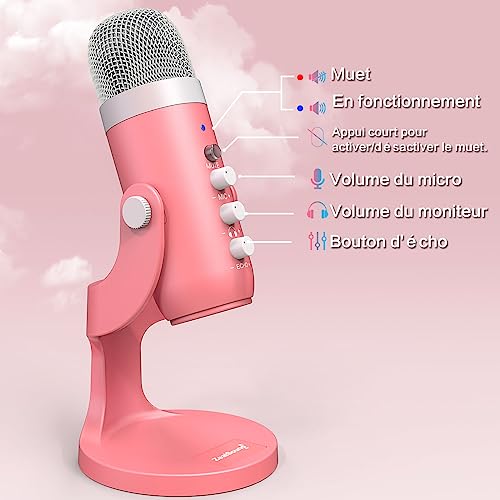 zealsound Micro USB, k66 Gaming Microphone de Jeu pour PC, téléphone, PS4 et PS5, Micro à condensateur cardioïde avec Button de sourdine et Gain pour Streaming, ASMR, podcasts, TikTok, Youtube- Rose – vue 3