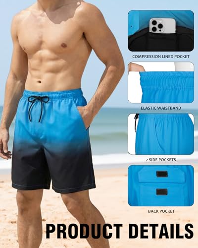 Image of Mens Swim Trunks with Compression Liner 2 in 1 Quick Dry Swimming Shorts Swimwear Bathing Suits with Pockets, 7 Inch-Gradient Blue Black,L