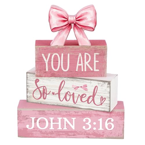 Lineshading 4 Pcs Pink Bow Decor Christian Table Decor Wooden Block Signs Set you Are So Loved John 3: 16” Inspirational Bible Verse Quotes Coquette Bow Centerpieces for Home Office Shelf Decorations