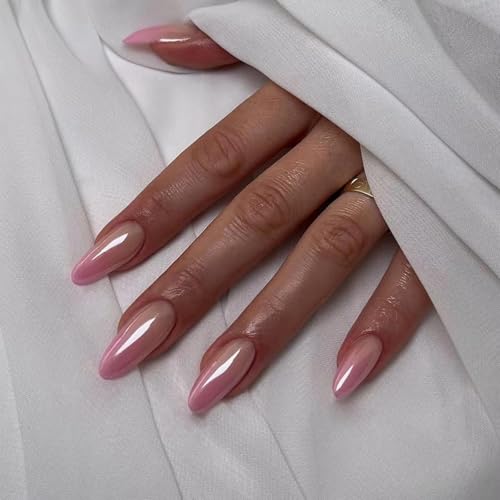 Image of Pink Chrome Press on Nails Ombre Fake Nails Medium Almond False Nails with Design Glossy Full Cover Glue on Nails Artificial Acrylic Stick on Nails for Women Girls Spring Summer Nail Decoration 24Pcs