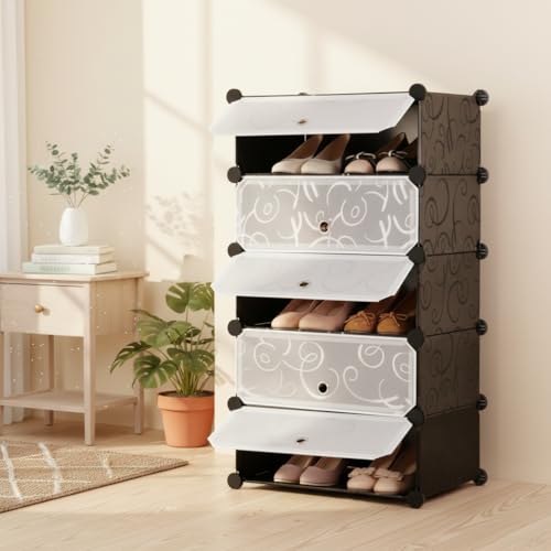 Image of Sunderlook Shoe Rack Plastic for Home- Shoe Stand, Chappal Stand, Professional Multipurpose Foldable Standing Comfort Runner Shoe Rack with Door, Slipper Stand (Black, 5 Shelf 5 Door)
