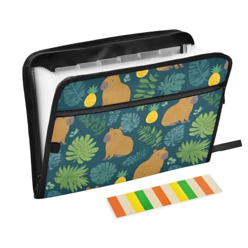 ALAZA Capybara Leaf Fruit Pineapple Expandable Filing Folder Storage Organiser Box Files, 13 Pockets Zip Filing Folders for Home or Office Documents