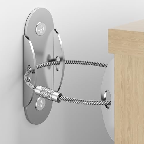 RORMGO Furniture Anchors 10-Pack, Anti Tip Furniture Anchors for Baby Proofing, Extra-Strong Metal Wall Anchor Straps with Steel Cable to Secure Dresser, Bookcase, Wardrobe & Cabinet, Silver