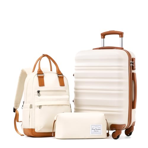 LONG VACATION Carry On Luggage Sets 3 Piece 20 Inch Suitcase Set, ABS+PC Hardshell Lightweight Travel Luggage with Spinner Wheels & YKK Zipper TSA Lock (20 INCH (BP/TB), BEIGE-BROWN)