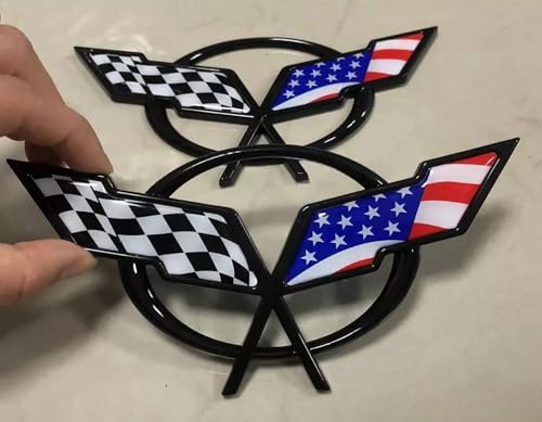 Image of Front Nose & Rear Deck Lid Crossed Flags Emblems Car Badge Nameplate 3D Logo Compatiable with 1997-2004 Corvette C5 19207384 19207385 2Pcs (Pair) (Blue Black)