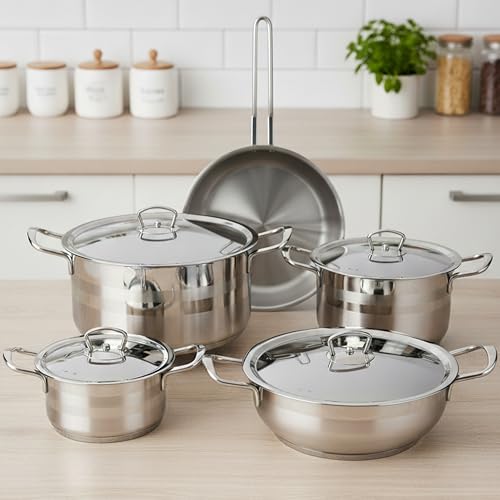 توب شيف طقم اواني طهي غير لاصقة من الستانلس ستيل 9 قطع، امن للاستخدام في الفرن وغسالة الصحون، درجة 304، فضي