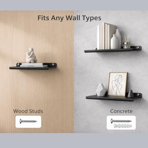 Image of 12 Inch Set 2 Black Wall Shelf - Metal Floating Shelf for Wall, Wall Mounted Shelves, Modern Wall Shelf for Bedroom & Living Room Storage, Minimalist Wall Mount Shelf (30.48 CM Long X 12 CM deep)
