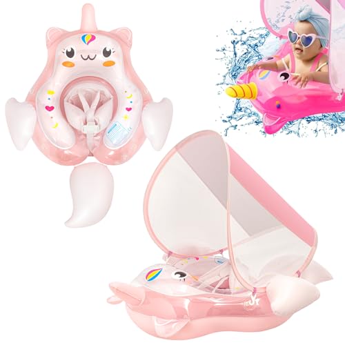 Licorne Rose Pâle Bouee Bebe Avec Pare Soleil Et Siège De Sécurité 3 à 12 Mois,Bouée Gonflable Flotteur De Piscine pour Bébé,Bouée Bébé Piscine,...