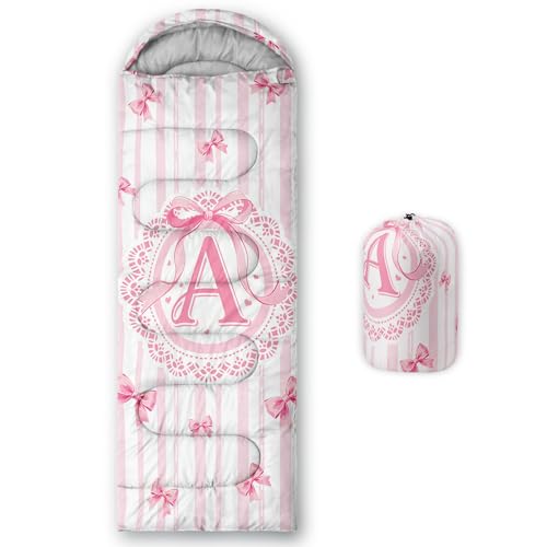 QOOMO Pink Bow Initial Letter A Printed Camping Sleeping Bags,31x90inch