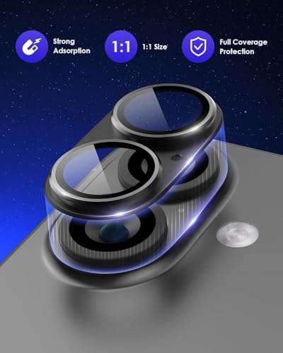 Image of Titanium Camera Lens Protector for iPhone 17 & iPhone 16 & 16 Plus Black 9H Tempered Glass, Scratch & Drop Resistant Camera Cover HD Clear Anti-Fingerprint Case Friendly Easy Install Camera Protector