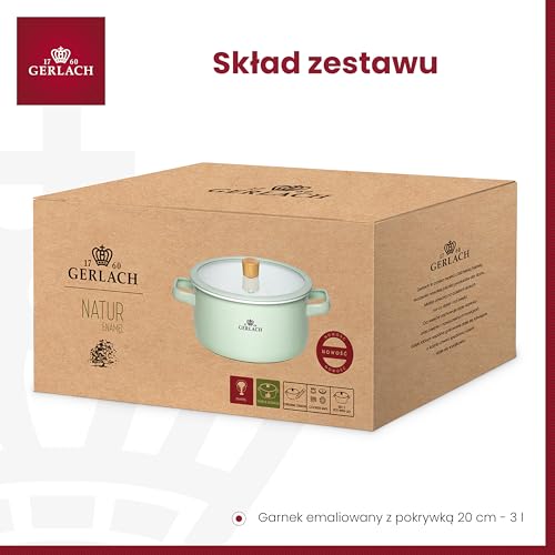 Gerlach 1760 Garnek Emaliowany - 20 cm 3 L - Pokrywka ze Szkła Hartowanego - Wszystkie Kuchenki - Zielony Pastel Natur Enamel