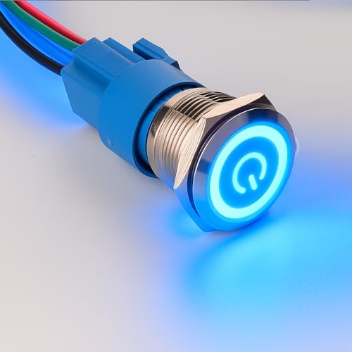 Gebildet 1pièce 0.75''/19mm Interrupteur à Bouton-Poussoir à Verrouillage en Acier Inoxydable 12V-24V 5A Symbole d'alimentation LED Interrupteur à Bascule étanche avec Prise de Fil (LED Bleue) – vue 3