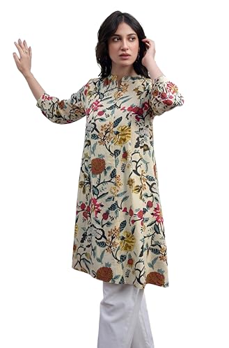 Image of Janasya Women's Pure Cotton Floral Printed A-Line Tunic