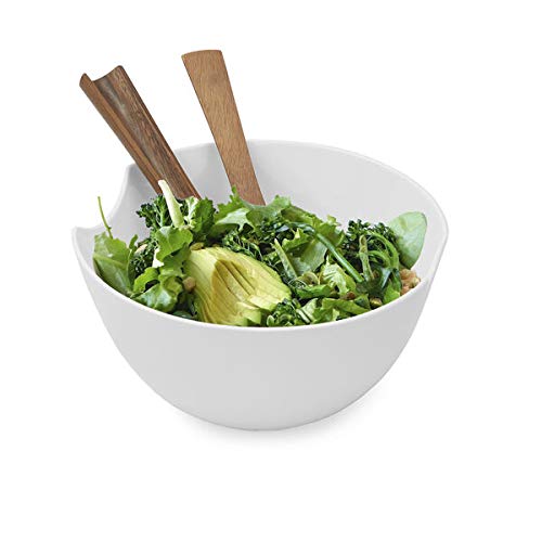 Nambe Quatro Salad Bowl With Servers Set | Large Serving Bowl With Wooden Utensils | Made Of Acacia Wood And Fine Bone China | Measures 11-Inches | Dishwasher Safe (White) #TOP1