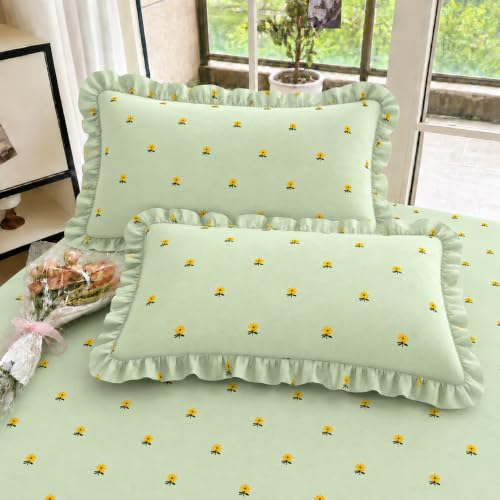 Image of VOMZER King Size (60x78) 300 TC Soft Cotton Feel Microfiber All Around Elastic Fitted Double Queen Bedsheet with 2 Frill Pillow Covers | Small Yellow Flower