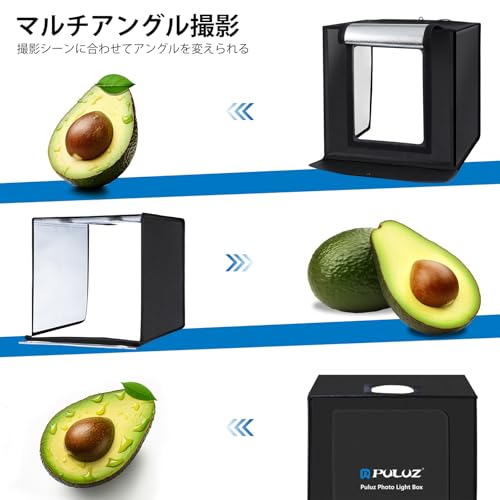 PULUZ【40cm 】撮影ボックス 、アダプター付き、36w LED、折りたたみフォトボックス、物撮りボックス、模型撮影ブース、ソフトライトとバック12色、バックパネル付き撮影台(ボール紙3枚+クロス3枚)です