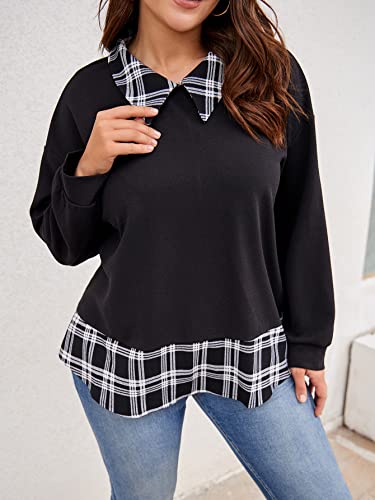 Wdirara Women's Plus Size Plaid Long Sleeve Drop Shoulder Collared 2 In 1 Sweatshirt Black 3Xl #TOP3