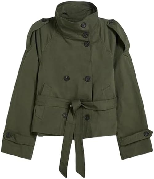 Womens Belted Waist Cropped Trench Double Breasted Stand Collar Elegant Coat Casual Vintage Jacket