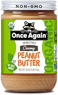 Once Again Organic Creamy Peanut Butter, 16oz - Salt Free, Unsweetened - USDA Organic, Gluten Free Certified, Vegan, Kosher - Glass Jar